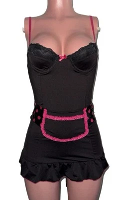 Cosplay Lencería Negra Micro Mini Lencería Vestido Punteado Borde Delantal Retro Bratz Foto 1 de 3