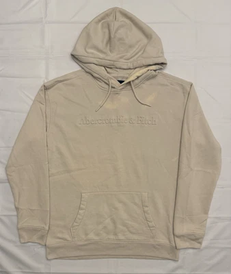 Abercrombie & Fitch Cream Embroidered Spell Out Hoodie Sweatshirt Mens Lg Preppy - Image 1 of 4