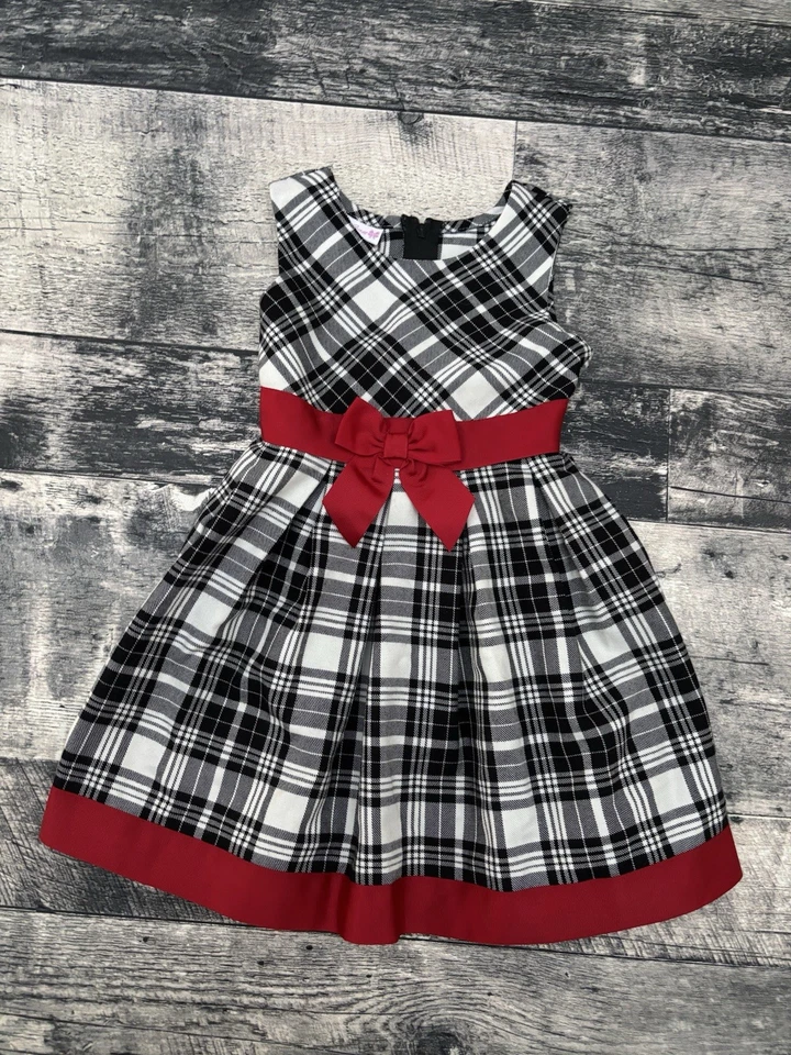 Vestido de vacaciones Bonnie Jean para niñas talla 3/3T rojo negro blanco lazo a cuadros Foto 1 de 4