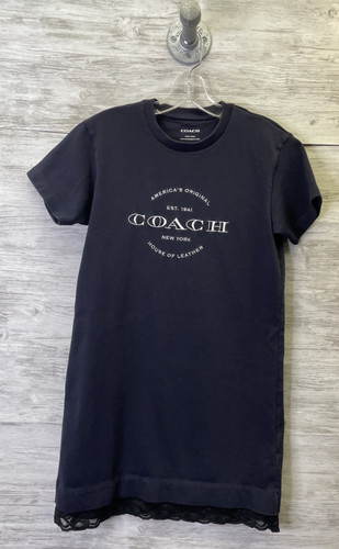 Abito Coach Taglia XS Blu Navy Nero Bordo in Pizzo Manica Corta Cotone Ricamato