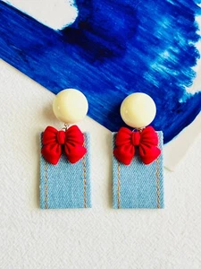 Red Bow Sky Blue Denim Rectangle Cream Round Button Long Earrings, Women Her - Picture 1 of 6