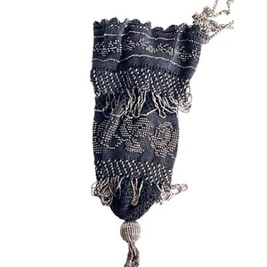 Antique Flapper Purse 1920s Art Deco Crochet Black Bead Drawstring Silver Tassel - Picture 1 of 12