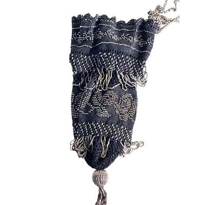 Antique Flapper Purse 1920s Art Deco Crochet Black Bead Drawstring Silver Tassel - Image 1 of 4
