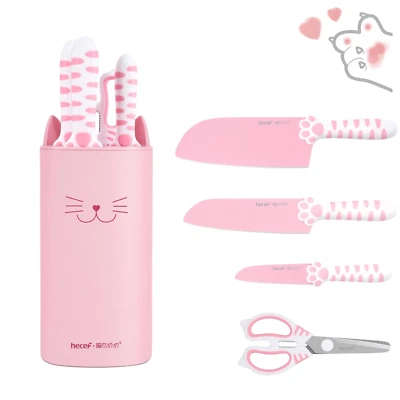 5PCS Kitchen Knife Set with Block Cute Cat Stainless Steel Knives Set Scissors