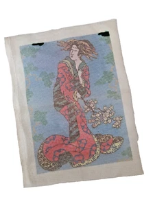 Vintage Beautiful Geisha Woman Kimono Cherry Blossoms Needlepoint Canvas 16x12" - Picture 1 of 8