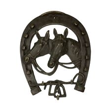 Vintage Brass Two Horse Heads Wall Mounted 10” Three Hook Key Holder