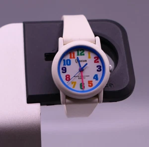 Quantum Quartz Watch White Band Multi-Colored Arabic Numbers - Picture 1 of 13