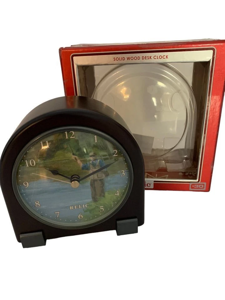 Relic Solid Wood Desk Clock Fly Fishing Theme 5"h .5"w