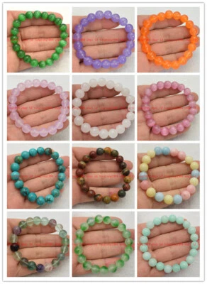 Mehrfarbig 8/10/12mm Echt Natürlich Mehrfarbig Runden Edelstein Armband 19cm - Bild 1 von 4