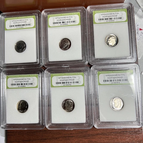 6 Different Gem Proof Roosevelts. 1970, 71, 74, 76, 77, & 78 S Mint In Slab X713 Cover