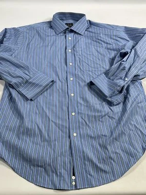 Mens Jos A Bank Blue Cotton Stripe Pattern Button Down Shirt Size 17.5 34 EUC - Image 1 of 4