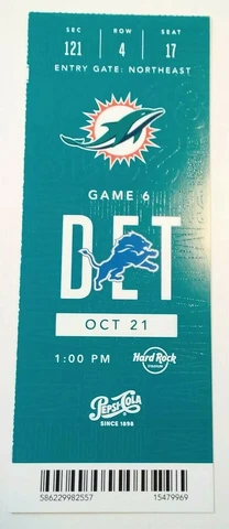 2018 Miami Dolphins Detroit Lions NFL Football Full Ticket Stub Cover