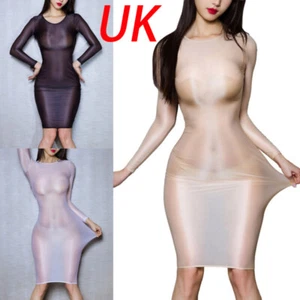 UK Womens Long Sleeve Swimsuit Midi Dress Clubwear Glossy Transparent Sexy Slim - Picture 1 of 38