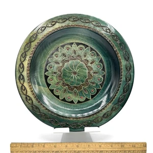 Handgeschnitzte bemalte polnische Holz Volkskunst hängende Platte Floral türkis/grün 11 Zoll - Bild 1 von 9