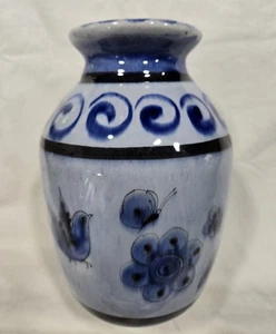 Mexiko Keramik Vase blaue Blume Vögel Tonala Kunst handbemalt signiert 7x5" - Bild 1 von 6