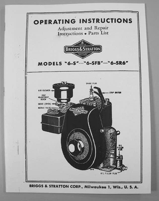 Briggs And Stratton 6-S Engine Operators Repair Parts Service Owners Manual & Bs - Image 1 of 3