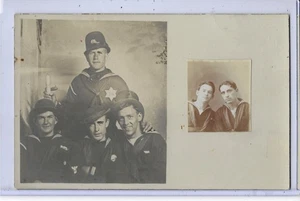 Foto real postal RPPC cuatro marineros uno como policía y pequeña foto adjunta - Imagen 1 de 2