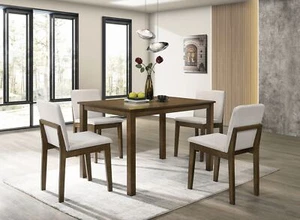 Dark Walnut Finish 5pc Dining Room Set Dining Table 4x Chairs Beige Fabric Chair - Picture 1 of 10