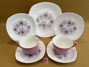 Vintage Midwinter Stylecraft Pink Alpine 2 Cups/Saucers/Sides & Salad Plate 60s