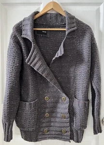 Hurley Grey Flecked Wool Blend Buttons Pockets Front Cardigan Women L Heavy L/S - Picture 1 of 24