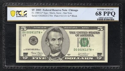 FR. 1989-G* 2003 $5 *STAR* FRN CHICAGO, IL PCGS BANKNOTE GEM UNCIRCULATED-68PPQ - Image 1 of 2