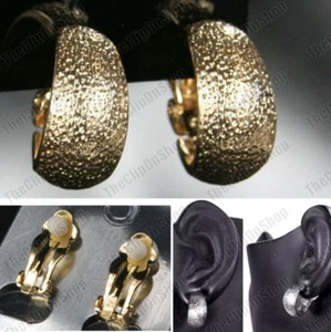 CLIP ON huggie EARRINGS curved GOLD/SILVER FASHION 2cm half hoop RETRO hammered - Picture 1 of 16