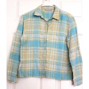 Kate Hill Linen Lagenlook Boxy Shirt Blue Plaid Size PS Coastal Grandma Vintage - Picture 1 of 8