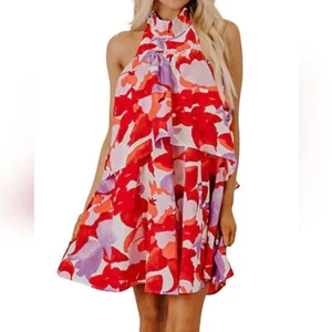 Entro Kleid Gr. L rot lila abstrakt Blumen Neckholder Mini Lagenlook ausgestellt Party - Bild 1 von 15