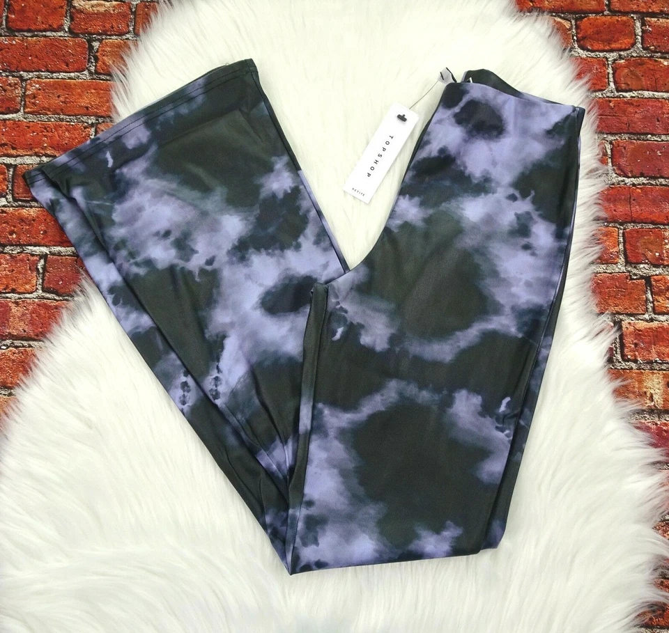 全新带标签 TOPSHOP 紧身裤 扎染 喇叭 复古 90 年代 Groovy 缎面裤子 小号 6P  — 第 1/4 张图片