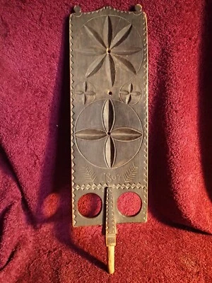 dated 1867 ANTIQUE CARVED SPINNING WHEEL DISTAFF FOLK ART FINLAND FINNISH - Image 1 of 4