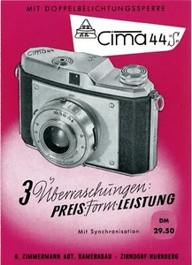 G. ZIMMERMANN Abt. Kamerabau Prospekt CIMA 44 "S" Kamera Broschüre (Y4098 - Picture 1 of 1