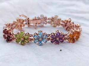 8 Ct Pear Simulated Multi-Gemstones Flower Tennis Bracelet 14k Rose Gold Plated - Picture 1 of 5