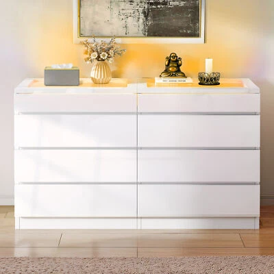 White 8 Drawers LED Chest of Dresser Bedroom High Gloss Storage Vanity Cabinet - Image 1 of 4