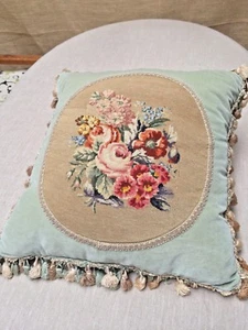 Antique Petit Point Floral Tassels Celedon Velvet Down Pillow Shabby Chic - Picture 1 of 12