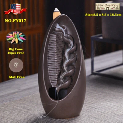 Quemador de incienso de reflujo de cerámica soporte esmalte de loto cascada y conos gratis regalo Foto 1 de 4