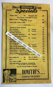 EARLY DIMITRI’S CONFECTIONERY OLEAN NY RARE MENU OLIVE SANDWICH 15¢ PIE CAKE 10¢ - Picture 1 of 2