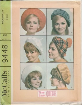 McCall's 9448 Four Womens Beret Hat Styles Vintage Mod 1960s Pattern Uncut - Image 1 of 4
