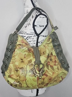 Vtg Sharif Studio Botanical Green Yellow Leather Hobo Bag Alligator Chain Accent - Image 1 of 4