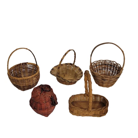 Lot of 5 Vintage Miniature Hand Woven Rattan Baskets Doll Size Cover