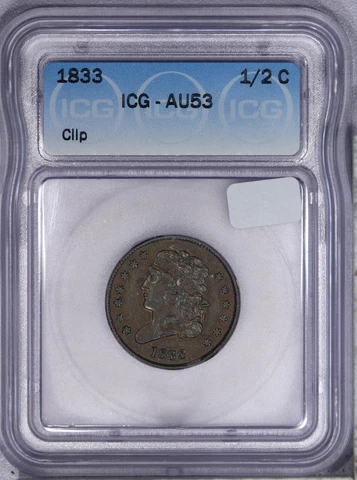 1833 Classic Head Half Cent H1c 1/2c ICG AU53 - Neat Rim Clip! Cover