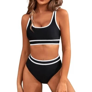 BMJL High Waisted V Neck 2-Piece Color Block Cheeky Bathing Suit, M, Black - Picture 1 of 8