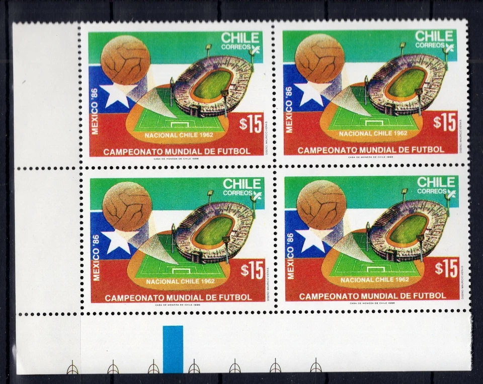 CHILE 1986 Mundial Fútbol Fútbol Fútbol 15p MNH Bloque de 4 Esquinas Hoja Foto 1 de 1