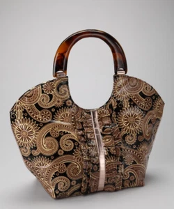 Mud Pie Black Paisley Tortoise Shell Handle PVC Coated Cotton Tote Bag - Picture 1 of 2