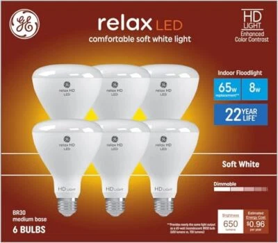 GE Relax 6-Pack 65 W Equivalent Dimmable Soft White Br30 LED Light Bulb - Image 1 of 4