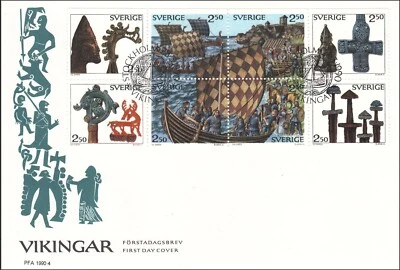Barcos vikingos vikingos arte hecho a mano como nuevo Suecia FDC folleto 1990 Foto 1 de 2