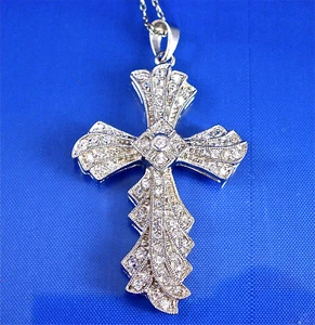 STERLING SILVER PAVE SET WHITE CZ VINTAGE CROSS PENDANT, 18" CHAIN - Picture 1 of 3
