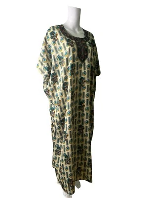 Deco'llection Int Kaftan Dress Size S/M oversized Women Vintage Beige & Teal Mix - Image 1 of 4