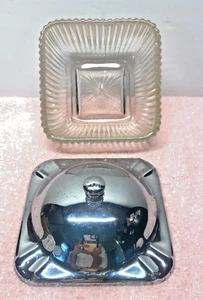Vtg Art Deco Ribbed Glass Vanity Powder Jar Trinket Box silver colored Metal Lid - Picture 1 of 4
