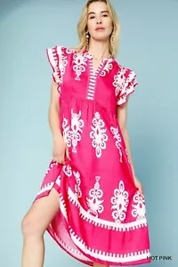 Hot Pink Umgee Boarder Print Tiered Midi Dress w/ Flutter Sleeves Split V Neck - Picture 1 of 4