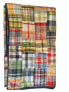Pottery Barn Kids Madras Plaid Patchwork Reversible Twin Quilt 64"x80" Nautical - Picture 1 of 5